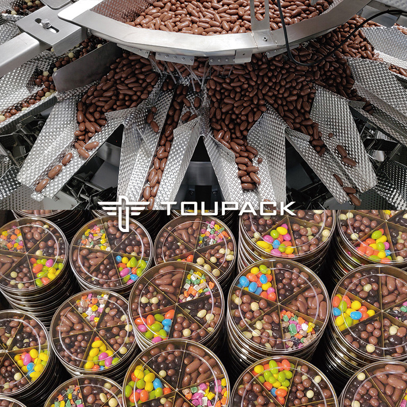 Machine automatique de remplissage d'emballages mixtes de chocolat avec enveloppe et étiquetage