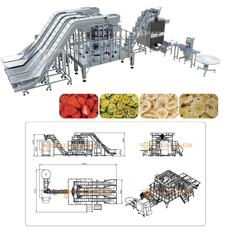 Machine d'emballage de légumes secs croustillants multi-tête pesanteur congeler machine d'emballage de fraises de fruits mélangés de mangue séchée