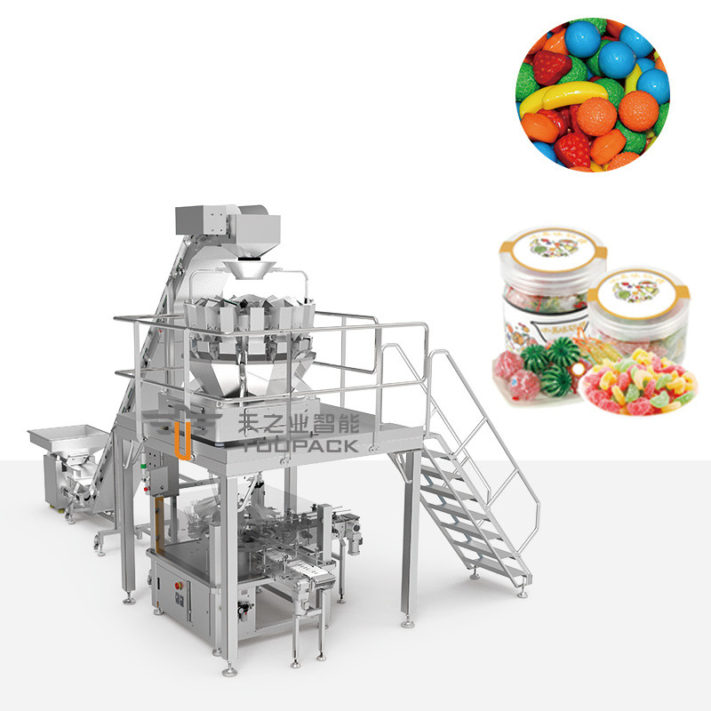 Emballage automatique Douceur dure sucre gommée bouteille ronde Pot en plastique machine de remplissage et d'emballage