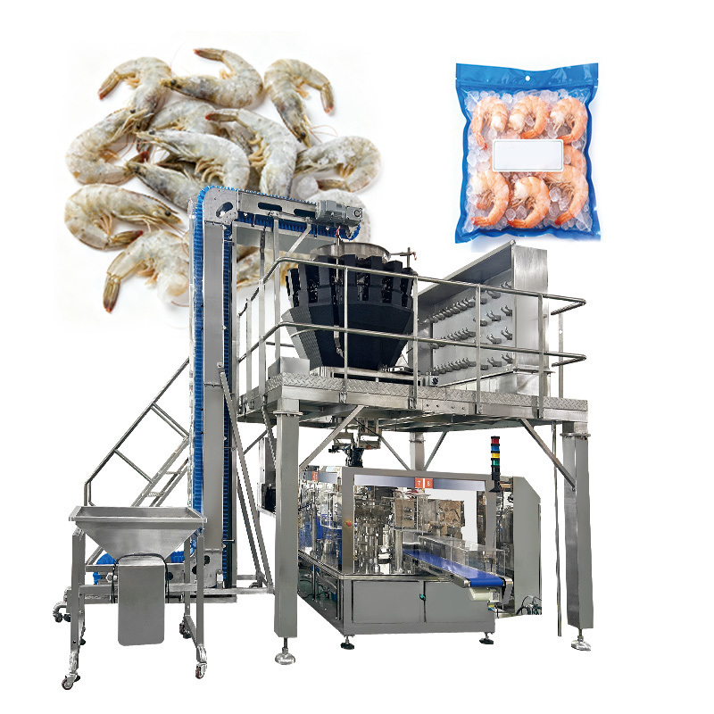 Machine d'emballage automatique sous vide de sachets de produits alimentaires surgelés, crevettes, anneaux de calamars, ensacheuse, peseuse associative, machine de remplissage et d'emballage