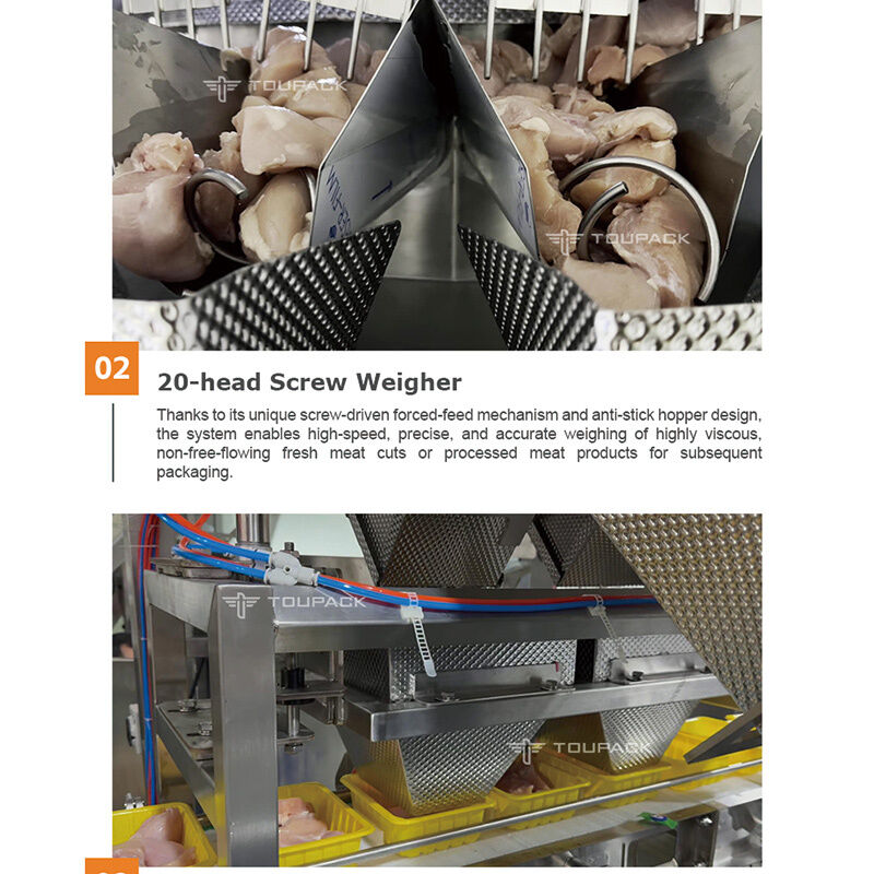 All-in-one ligne automatique de déshydratation et de remplissage de plateau avec pesage à vis à plusieurs têtes de haute précision pour la viande collante
