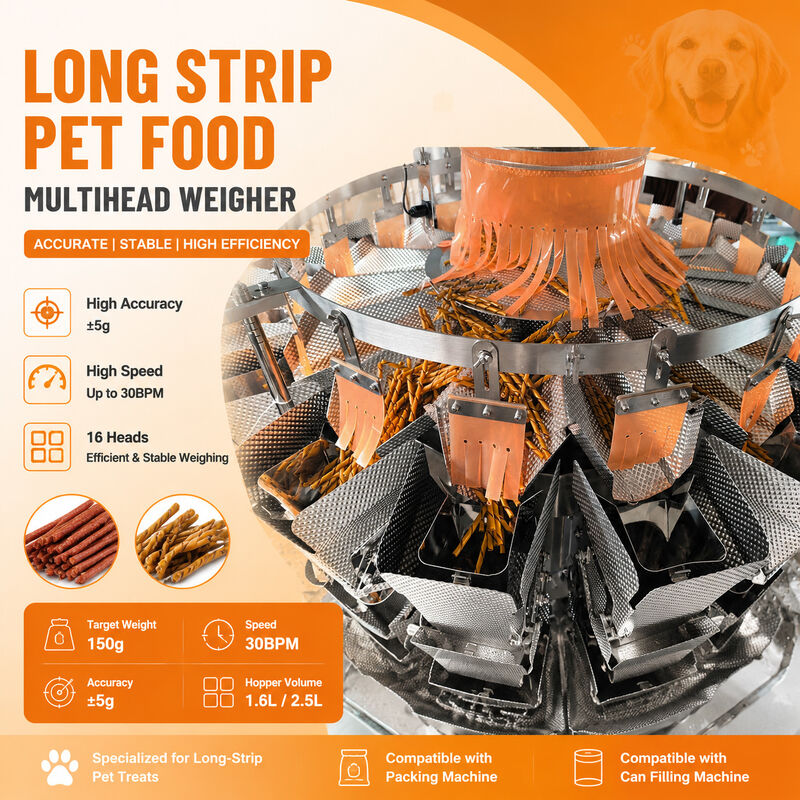 Machine d'emballage pour nourriture pour chiens | Doseuse multi-têtes spécialisée pour jerky en bande longue et bâtonnets à mâcher anti-colmatage
