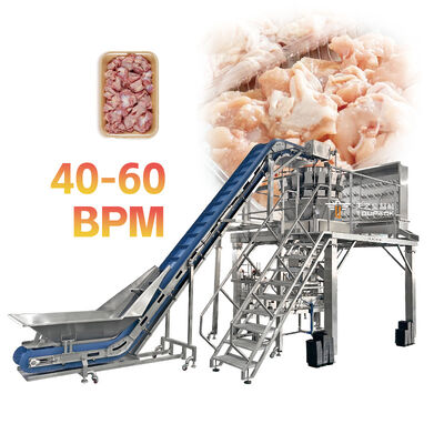 Ligne automatique d'emballage de barquettes de viande à grande vitesse avec peseuse associative à vis pour protéines collantes et fraîches